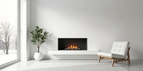 Obraz premium Modern minimalist living room with fireplace and comfy armchair