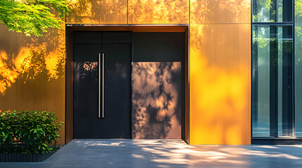 Modern Architecture Entrance with Black Door and Golden Wall with Tree Shadows