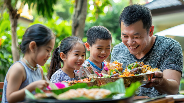 Families enjoying traditional Thai dishes during joyful meal together
