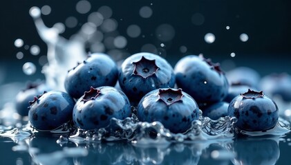 Juicy blueberries in water splash with high-speed freeze motion, fresh, motion, vibrant