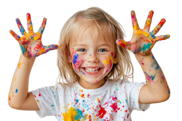 A joyful and energetic portrait of a cheerful child fully immersed in a creative painting activity, with vibrant paint-covered hands and a beaming smile PNG isolated transparent background download