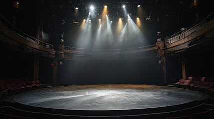 A dimly lit theater stage with spotlights, ready for a performance.