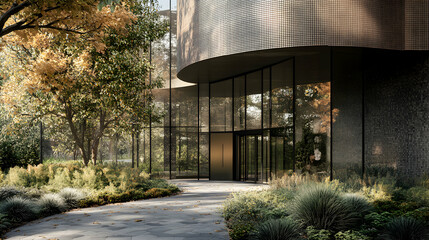 Fototapeta premium Modern Building Exterior with Lush Gardens, Contemporary architecture with glass facade and natural landscaping, capturing urban nature