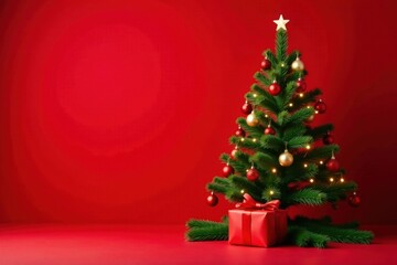 A Festive Christmas Tree with Red and Gold Ornaments and a Wrapped Gift on a Red Background