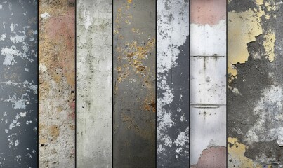 Weathered concrete walls showing colorful textures peeling.