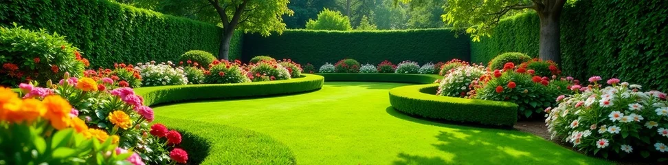 Photo sur Plexiglas Lush green garden with colorful flowers and trimmed hedges, garden, botanical, hedges