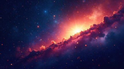 Cosmic Dawn A vibrant nebula with a radiant star illuminates a celestial landscape, showcasing a breathtaking expanse of interstellar dust and glowing gas clouds.