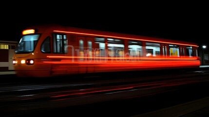 Orange train moving at night