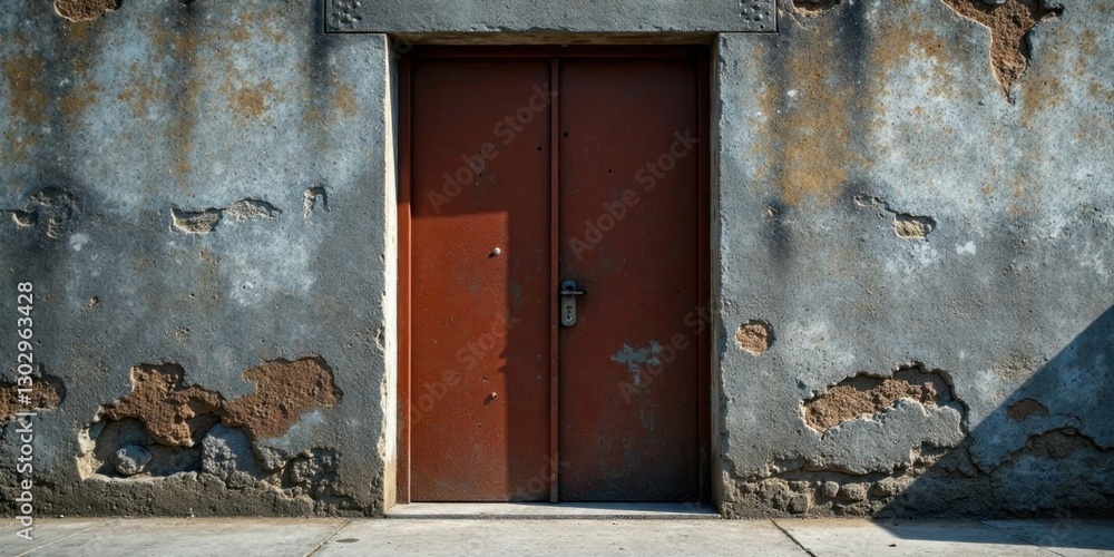 Poster rustic brown double door set in a weathered gray concrete wall with visible damage and shadow