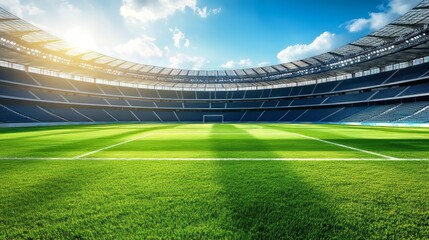 Stadium overview  summer scene of an empty soccer field surrounded by grass and tribunes