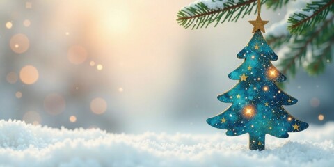 Winter Wonderland A Festive Teal Tree Ornament Hanging on a Snowy Branch