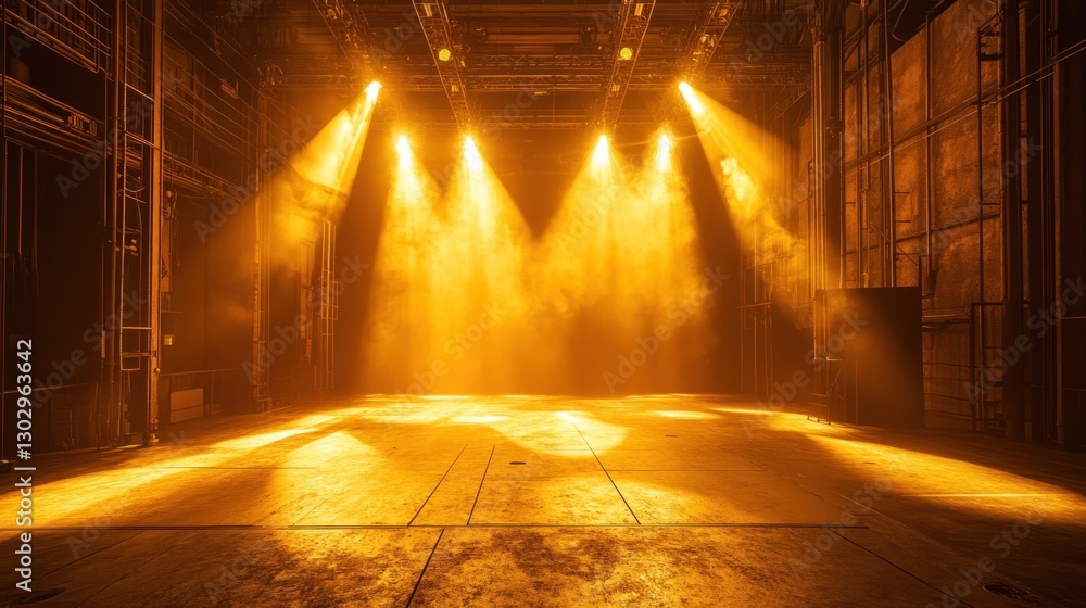 Poster a stage illuminated by warm yellow lights, creating an atmospheric setting for performances.