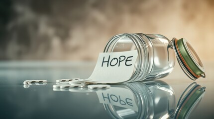 A jar lies on its side with a note that says, 'HOPE' spilling out with other small objects, conveying optimism.