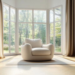 Modern living room with white window, Modern armchair in light ivory fabric, wide window, landscape view
