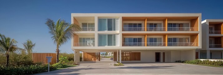 Fototapeta premium Modern seaside hotel facade with palm trees and warm sunset light. Symmetrical wide angle exterior with glass balconies and clean lines. Calm luxury and travel comfort. For hospitality branding