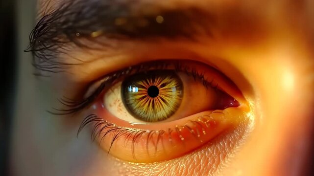 A playful winking eye with a hazel iris, dark lashes and a golden background