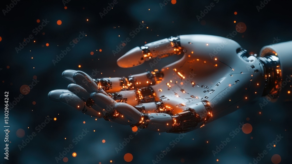 Poster machine learning hands of robot and human touching concept technology background