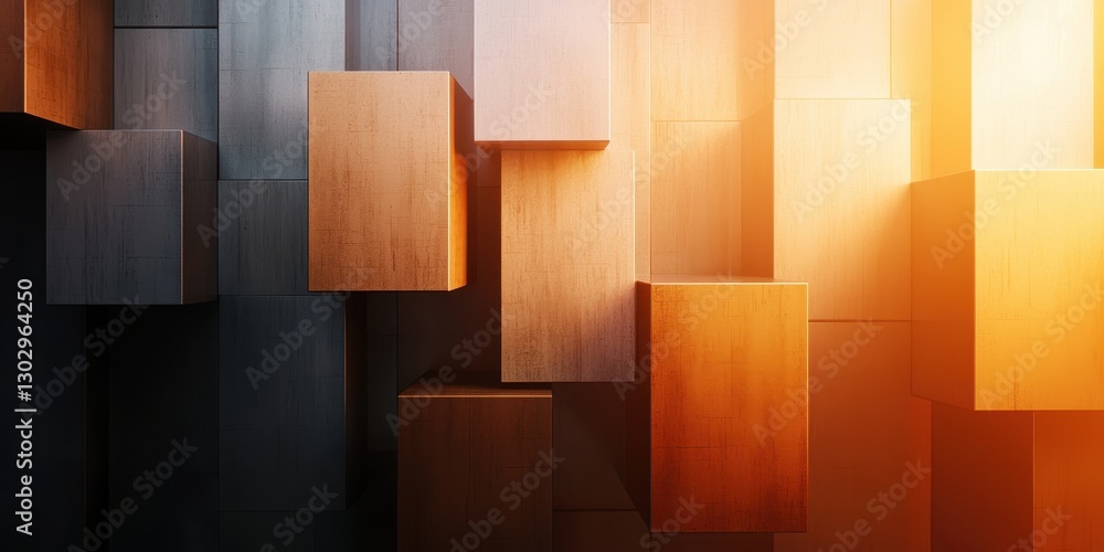 Poster A modern abstract design featuring floating wooden blocks in warm tones, illuminated by soft light against a dark background.
