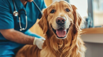 A veterinarian examining a golden retriever with a stethoscope in a modern pet clinic