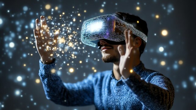 A person exploring a virtual reality experience with immersive VR headset and glowing particles, symbolizing the future of digital technology and innovation.