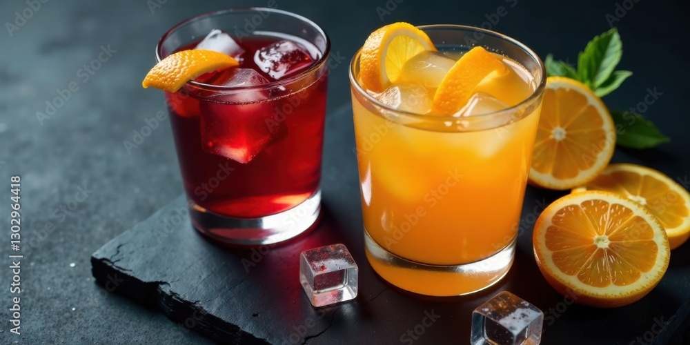 Poster refreshing citrus and berry ice drinks on dark surface