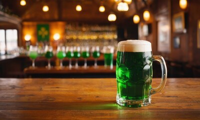green beer in irish pub, saint patrick's day, festive drink, traditional ale, frothy mug, wooden bar, cozy atmosphere, celebration, ireland