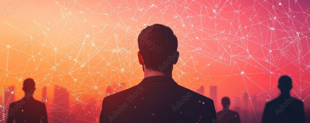 Aufkleber a person stands silhouetted against a colorful digital background, symbolizing connection and the fu