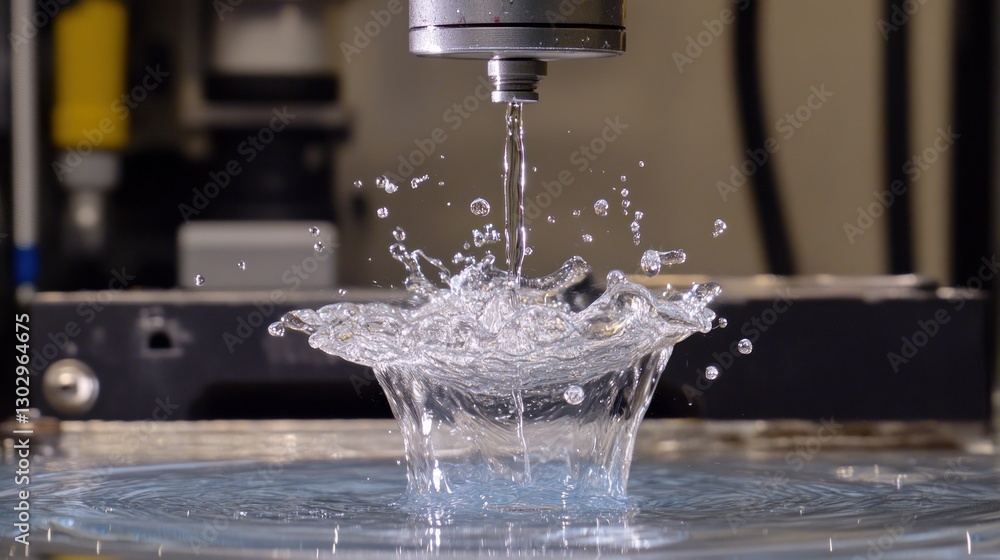 Poster water drop creates splash art with precision tool in clean setting