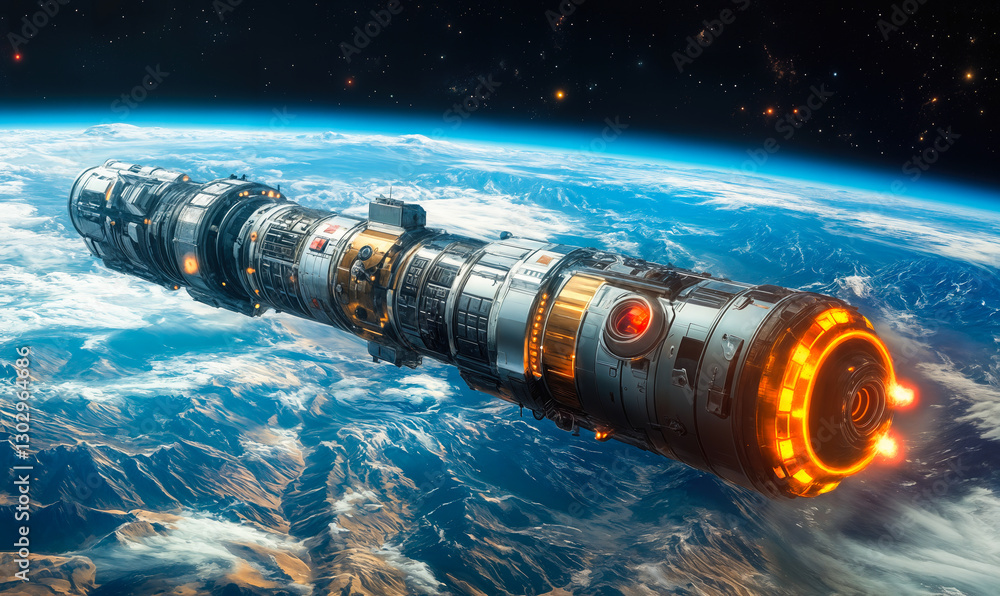 Poster futuristic spacecraft orbiting earth with advanced design and technological innovations in outer spa