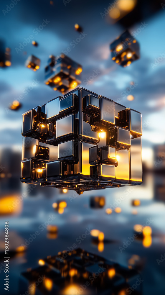 Poster a mesmerizing composition features a giant cube formed by numerous smaller cubes, elegantly floating