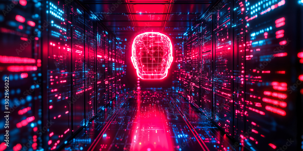 Poster artificial intelligence data processing with futuristic digital interface and neon ai head display i