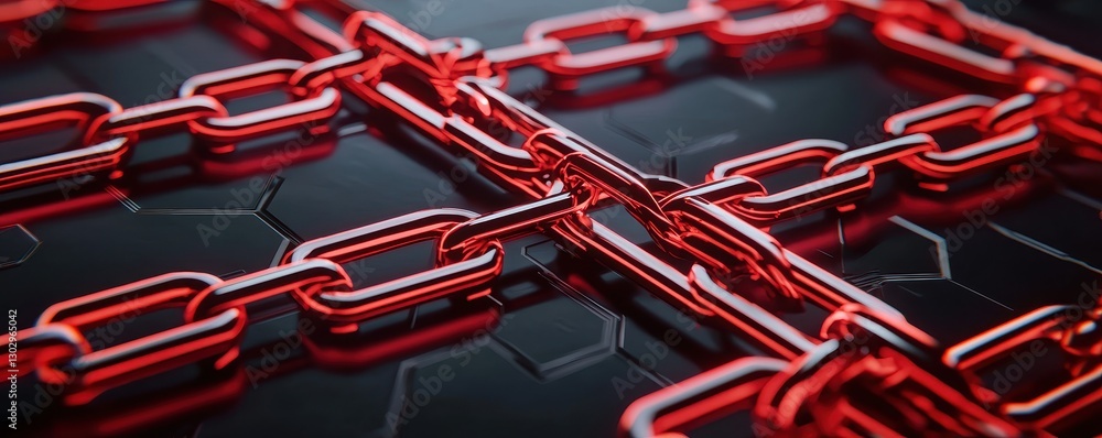 Poster a close-up view of interlinked red chains against a dark, textured background, showcasing a modern a
