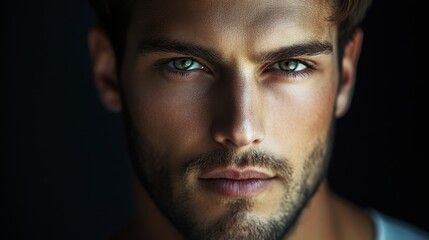 Obraz premium Close-up portrait of a handsome guy with sharp features, natural lighting highlighting his face, confident expression