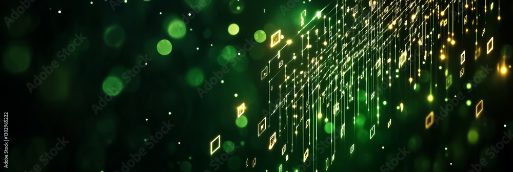 Poster a mesmerizing display of a digital matrix engulfs the space, featuring cascading symbols in green an