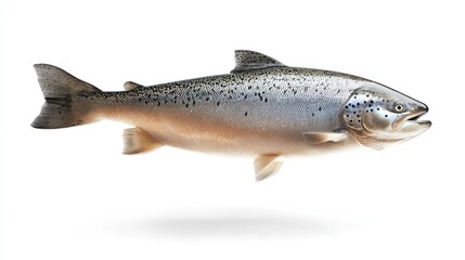 Obraz premium Flying Piece of Salmon on White Background