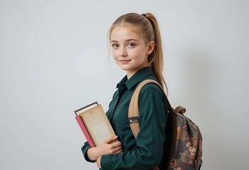Obraz premium Smiling Teenage Girl with Books and Backpack, Ready for School. Generative Ai
