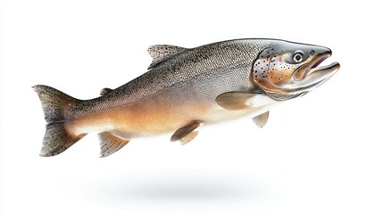 Obraz premium Flying Piece of Salmon on White Background