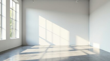 Sunlit Empty Room with Large Windows and Polished Concrete Floor Ideal for Modern Design Presentations