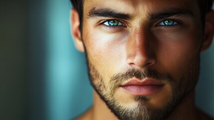Fototapeta premium Close-up portrait of a handsome guy with sharp features, natural lighting highlighting his face, confident expression
