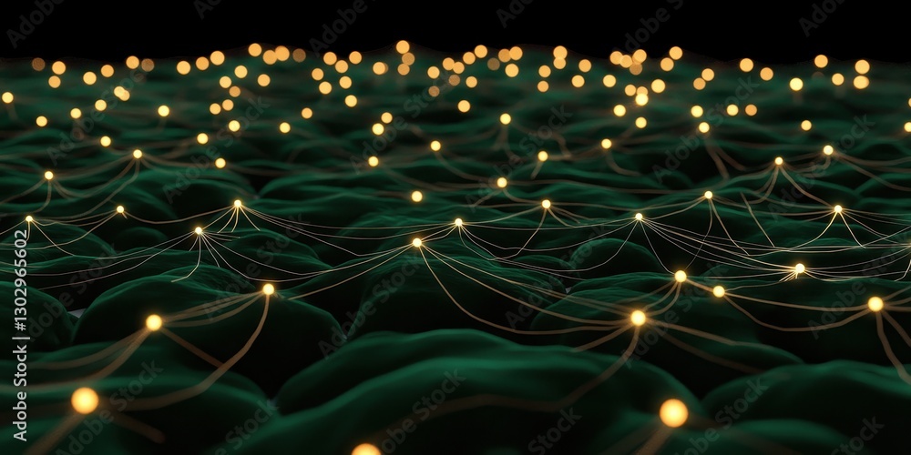 Poster an abstract depiction of interconnected nodes and glowing lights over a dark green landscape, sugges