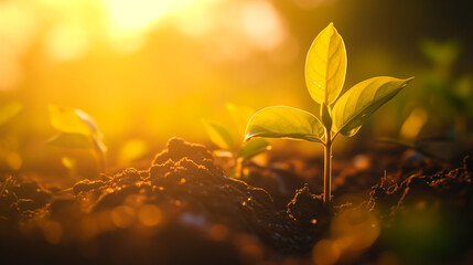 Close-up of a young plant seedling growing in soil with sunlight, symbolizing growth and nature