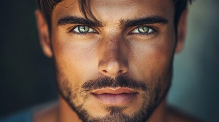 Obraz premium Close-up portrait of a handsome guy with sharp features, natural lighting highlighting his face, confident expression