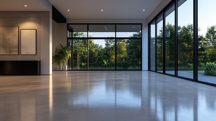 Empty modern home interior with large windows