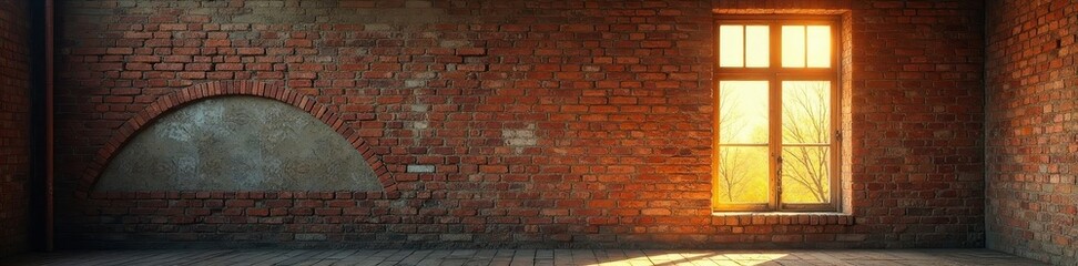 Fototapeta premium Aged window, weathered brick wall, sunlight streams through, picture, decay, texture