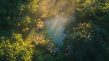 Sunlight filters through lush green trees over a peaceful forest river landscape