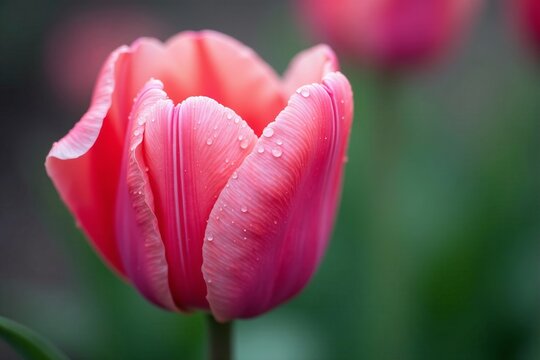 Macro shot of delicate pink tulip flower with water droplets, petals, beautiful, delicate