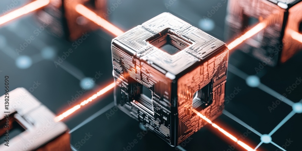 Aufkleber A futuristic digital scene featuring illuminated cubes with intricate circuit patterns, connected by glowing lines on a sleek surface.