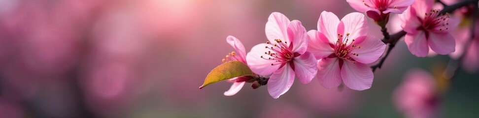 Fototapeta premium Macro shot of pink plum tree flowers against blurred background, blossom, shot