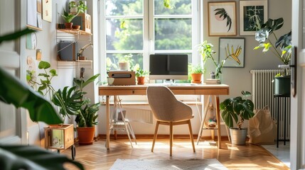 Bright and Cozy Home Office with Indoor Plants