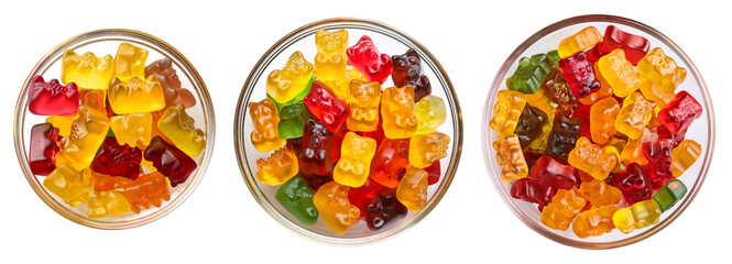 Colorful gummy bears in bowls, a delightful treat for all ages, perfect for celebrations.